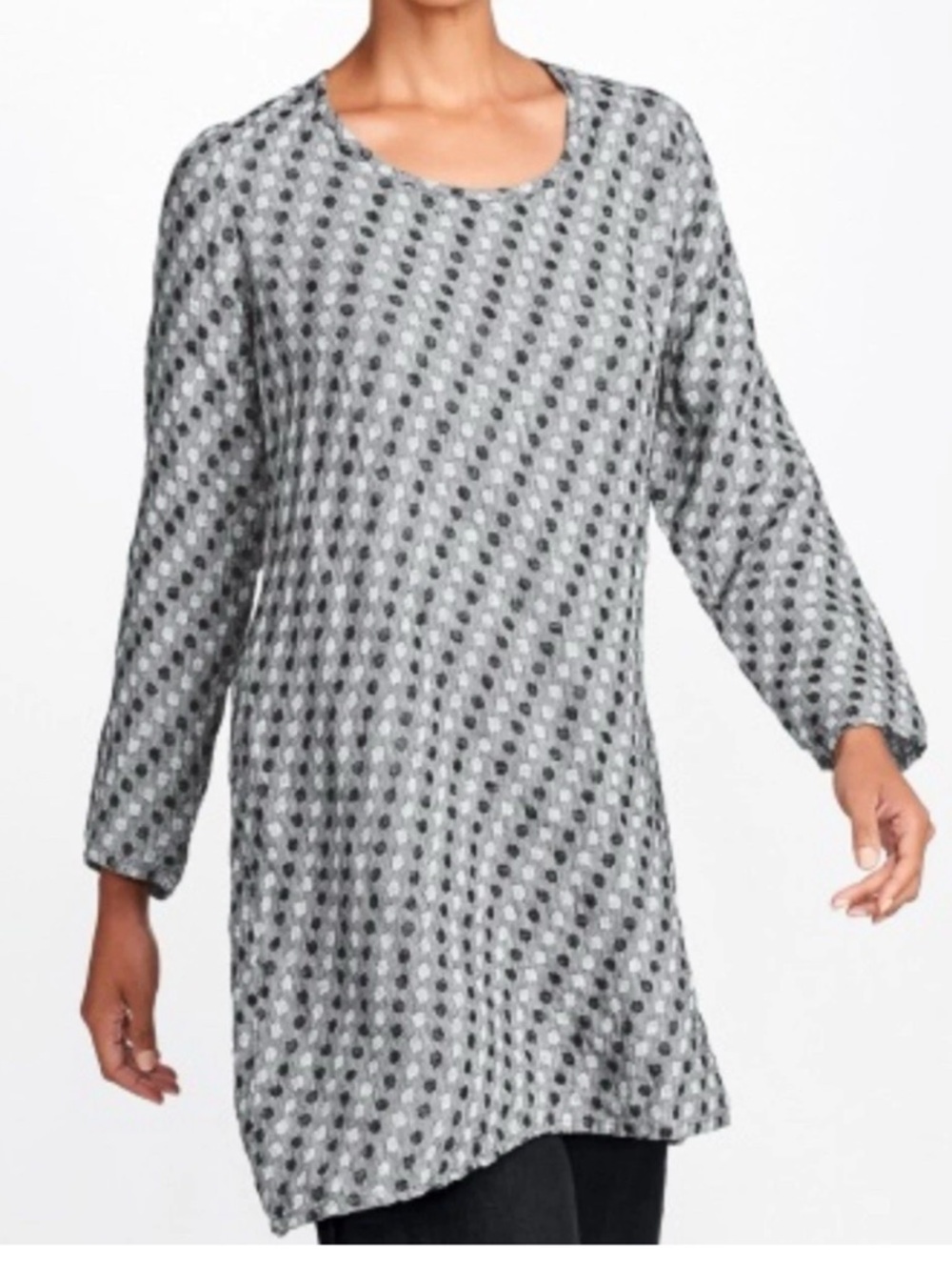 Flax Grey Polka Dot Tunic Dress Long Sleeve Scoop Neck 100% Linen A-line Medium